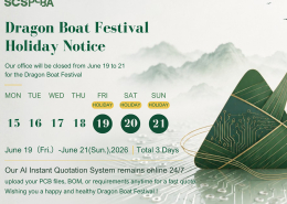 SCSPCBA Dragon Boat Festival Holiday Notice 2026 with AI quotation system available 24/7 during the holiday period.