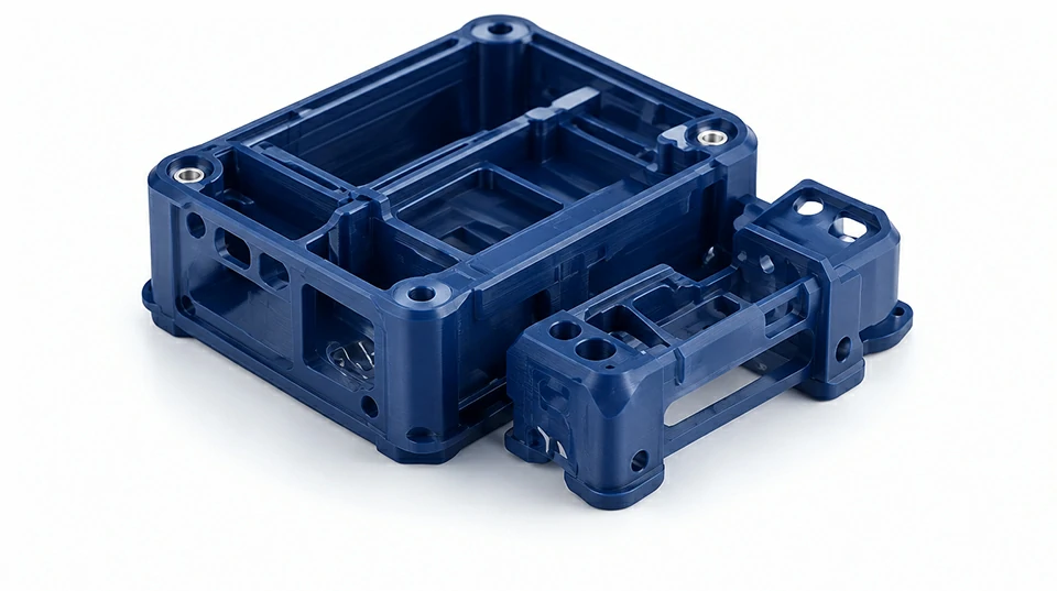 Blue 3D printed structural prototype used for mechanical validation and functional testing.