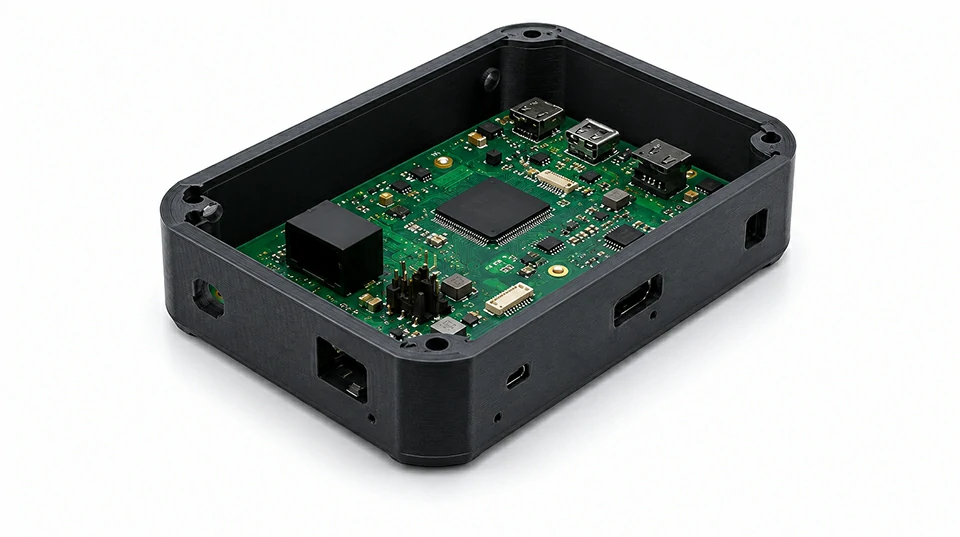 3D printed enclosure with assembled PCB used for PCBA fit testing and product validation.
