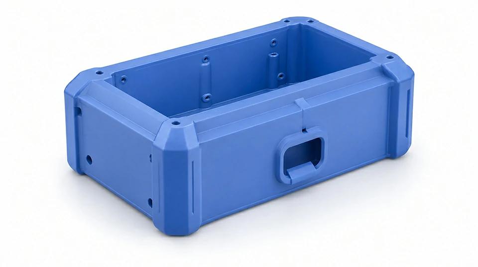 Blue SLA resin prototype housing for electronic product enclosure validation.