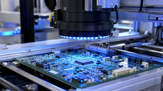 AOI machine scanning a circuit board with blue light