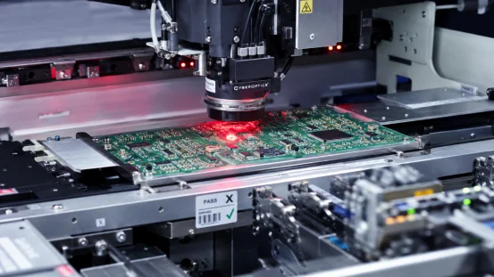 Automated AOI machine inspecting a printed circuit board assembly with a red laser scanner