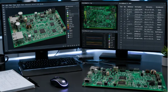 Dual monitors with PCB design software and circuit board