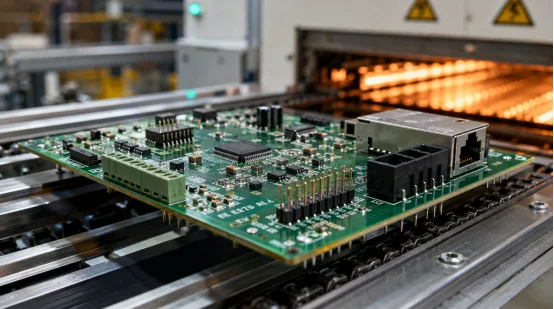 Mixed technology PCB entering reflow oven