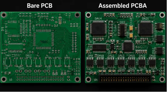 Side-by-side comparison of a bare PCB and an assembled PCBA