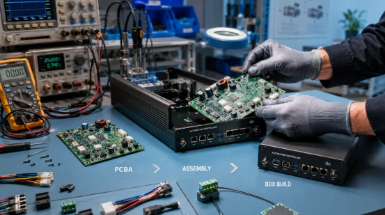Technician assembling a PCBA into a metal enclosure for box build