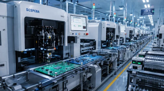 Automated SMT assembly line in PCBA manufacturing plant