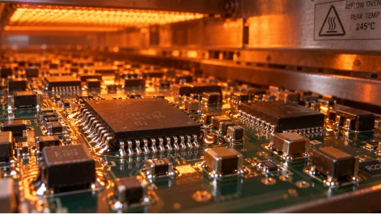 PCBA passing through a reflow soldering oven