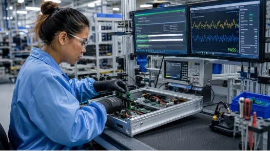 Technician conducting box build assembly and FCT functional testing
