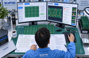 Engineer reviewing PCB panelization design and DFM check results on dual monitors