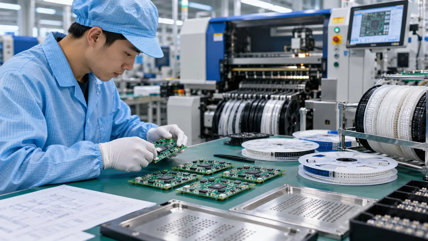 Small-batch PCBA manufacturing setup with an SMT technician preparing circuit boards and electronic components